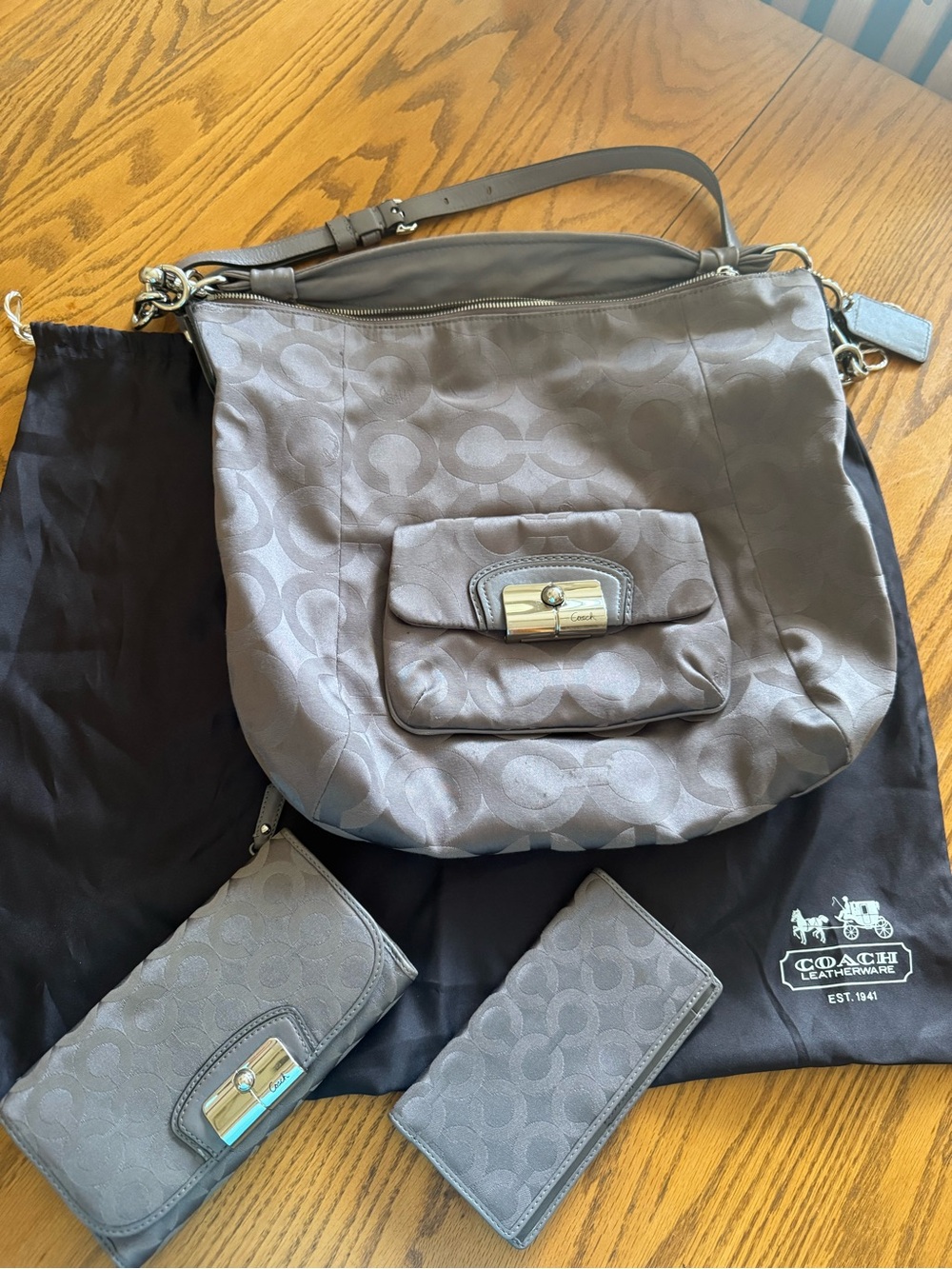 Coach Gray Signature Shoulder Bag with Matching Wallets